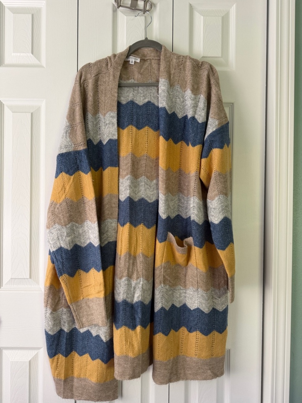 Chic Soul Chevron Stripe Open-Front Cardigan in Mustard, Navy, Taupe, and Cream